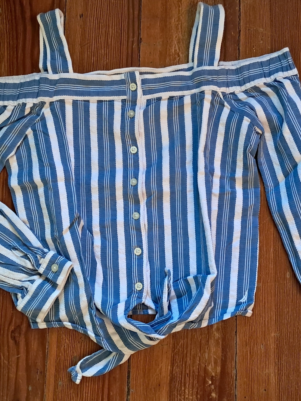 Nautica Blue and White Striped Off-Shoulder Tie-Front Blouse